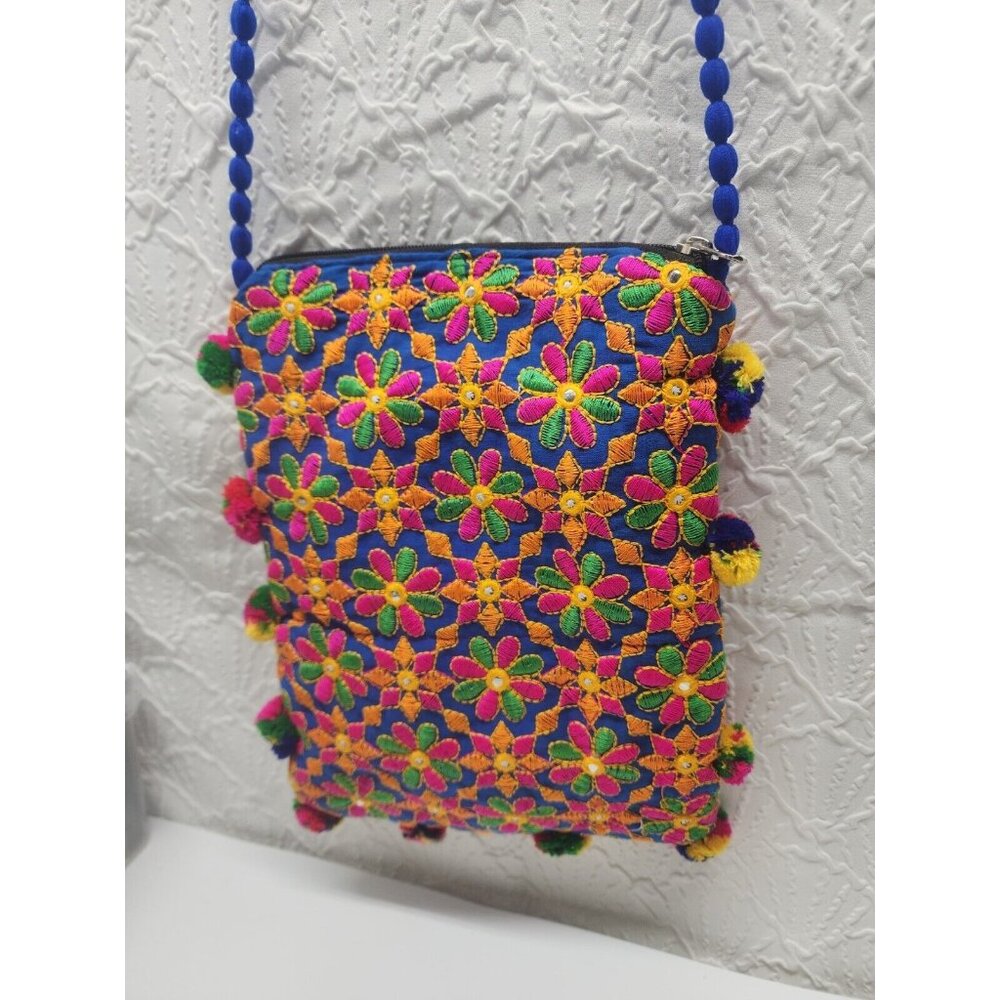 Multicolored Embroidered India Purse PomPoms Zip Closure Bright Colorful...